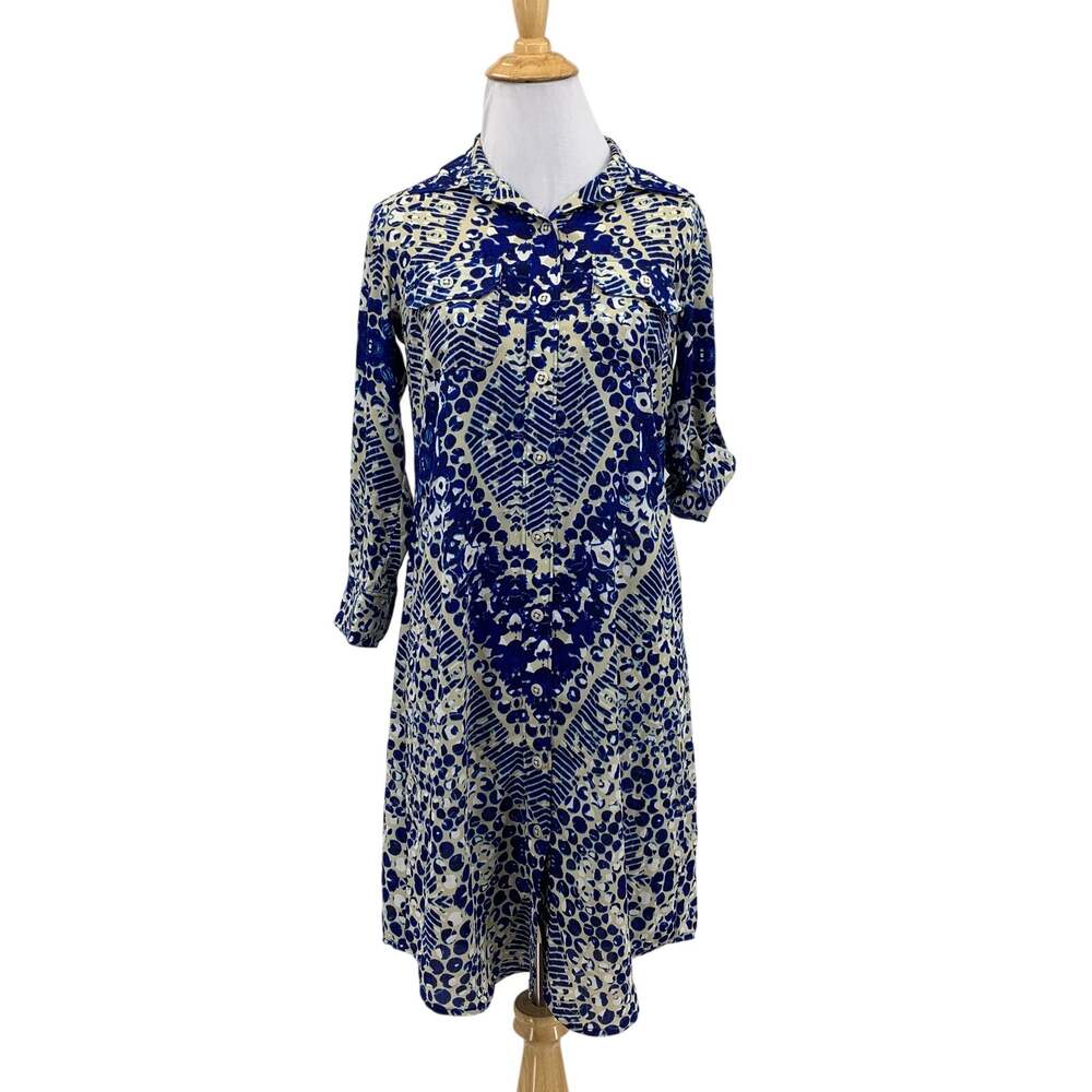 Cabi Shirt Dress Womens XS Beige Harbor Button Up Blue Jewel Print Tab Sleeve